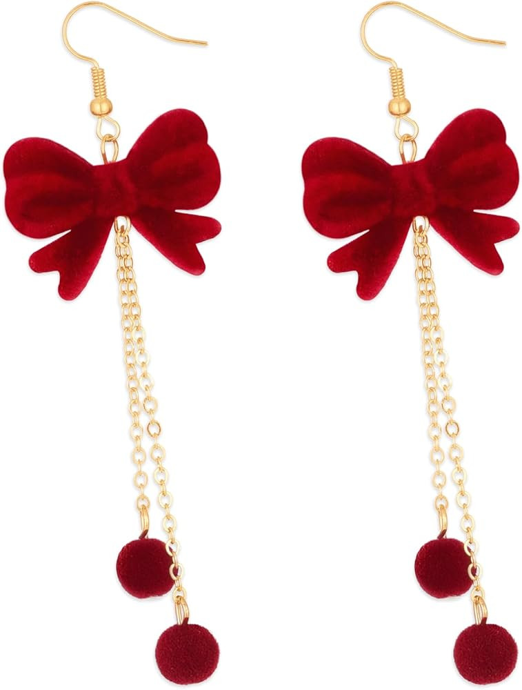 Red Bow Earrings, Christmas Jewelry for Women, Christmas Earrings Velvet Dangle Drop Large Chunky... | Amazon (US)