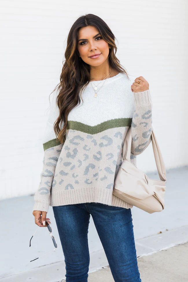 Wait For You Olive Colorblock Animal Print Sweater FINAL SALE | The Pink Lily Boutique
