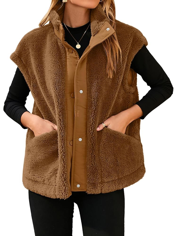 Glamaker Womens Fuzzy Fleece Vest Casual Loose Sherpa Vest Faux Fur Button Down Sleeveless Jacket... | Amazon (US)
