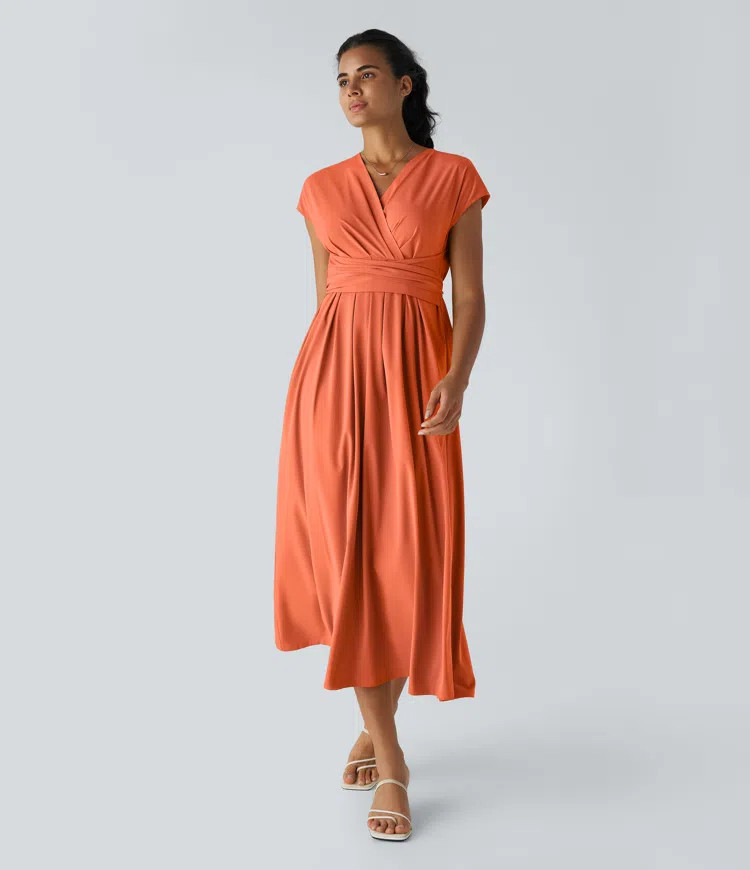 Women’s Breezeful™ V Neck Short Sleeve Side Pocket Tie Back Quick Dry Midi Casual Dress - Hal... | HALARA
