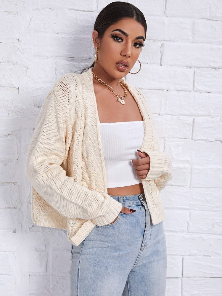 SHEIN Open Front Cable Knit Cardigan | SHEIN