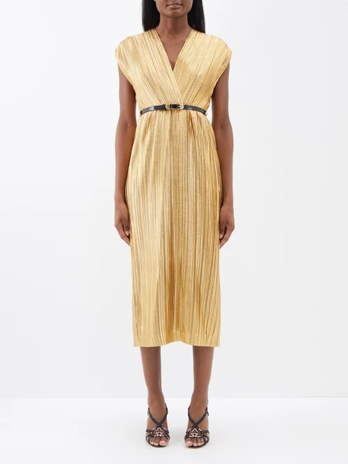 Gucci - V-neck Belted Lamé Midi Dress - Womens - Gold | Matches (US)