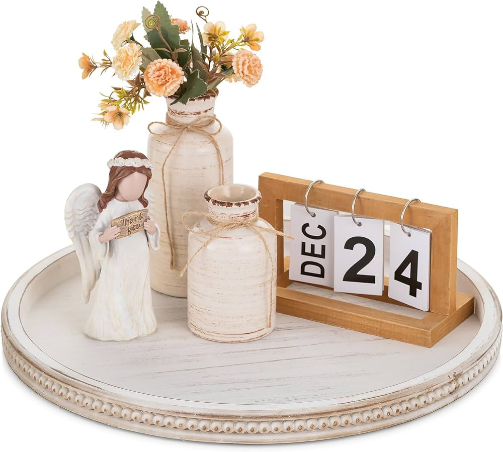 Hanobe Large Round Decorative Tray: White Coffee Table Beaded Tray Rustic Wood Trays Decor Farmho... | Amazon (US)