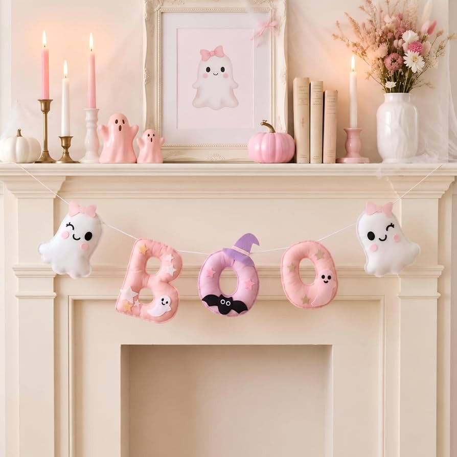 Irenare 6.5ft Felt Halloween Garland for Mantle Pink Halloween Boo Banner | Amazon (US)