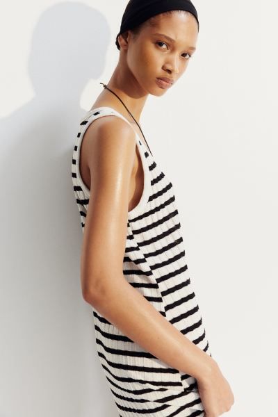 Rib-knit Dress - Low-cut Neckline - Sleeveless - White/black striped - Ladies | H&M US | H&M (US + CA)