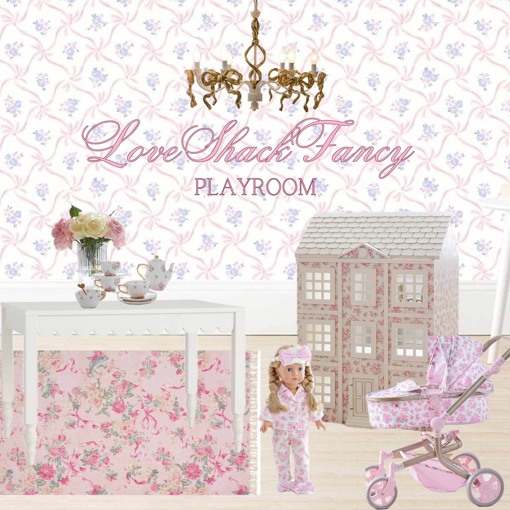 The dreamiest playroom! 
Kids playroom LoveShackFancy edition. #playroom #kidsplayroom #homedecor #playroomdecor #LoveShackFancy #dollhouse #playtable #bowdecor #chandelier #bow #bowdesign #pinkfloral #playroomfinds #girlsroom #wallpaper #rug #floralrug #playrug #potterybarnkids #potterybarn 

#LTKkids #LTKstyletip #LTKhome
