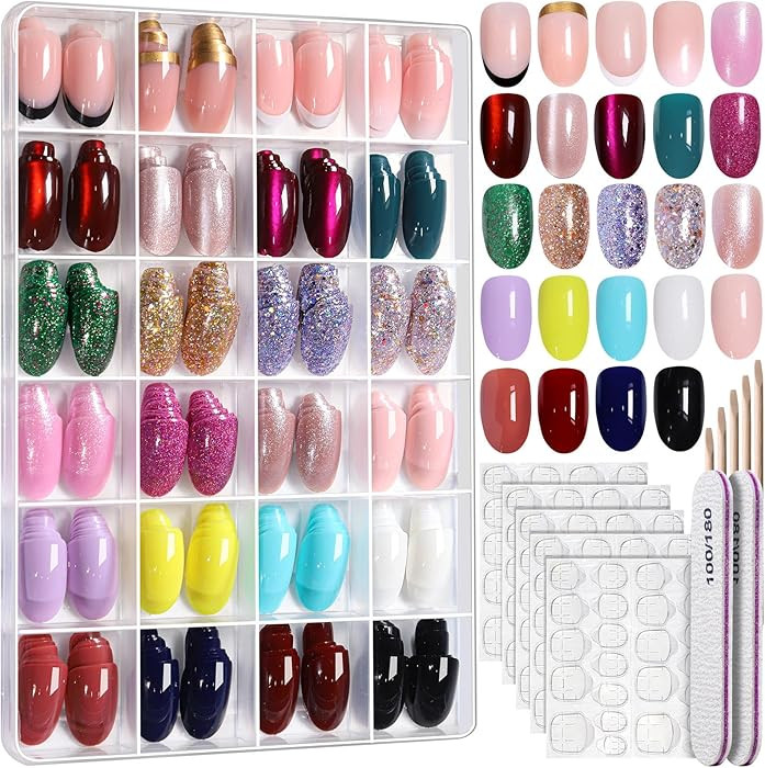 FANDAMEI Press on Nails, 24 Colors 576PCS Press on Nails Oval, Cat Eye Press on Nails Short, Glit... | Amazon (US)
