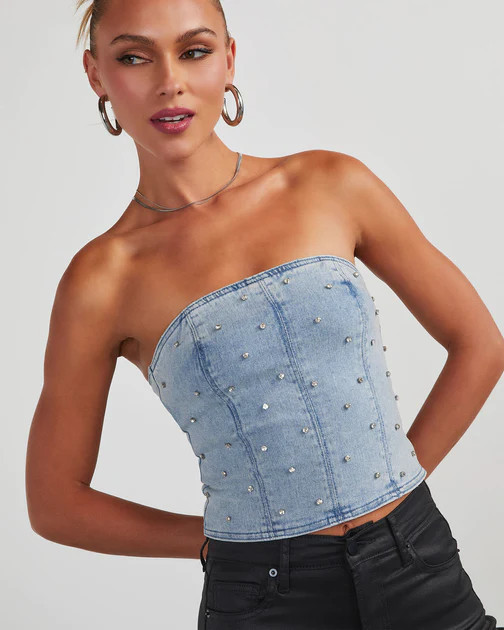 Concert Chic Embellished Denim Corset Top - Light Wash | VICI