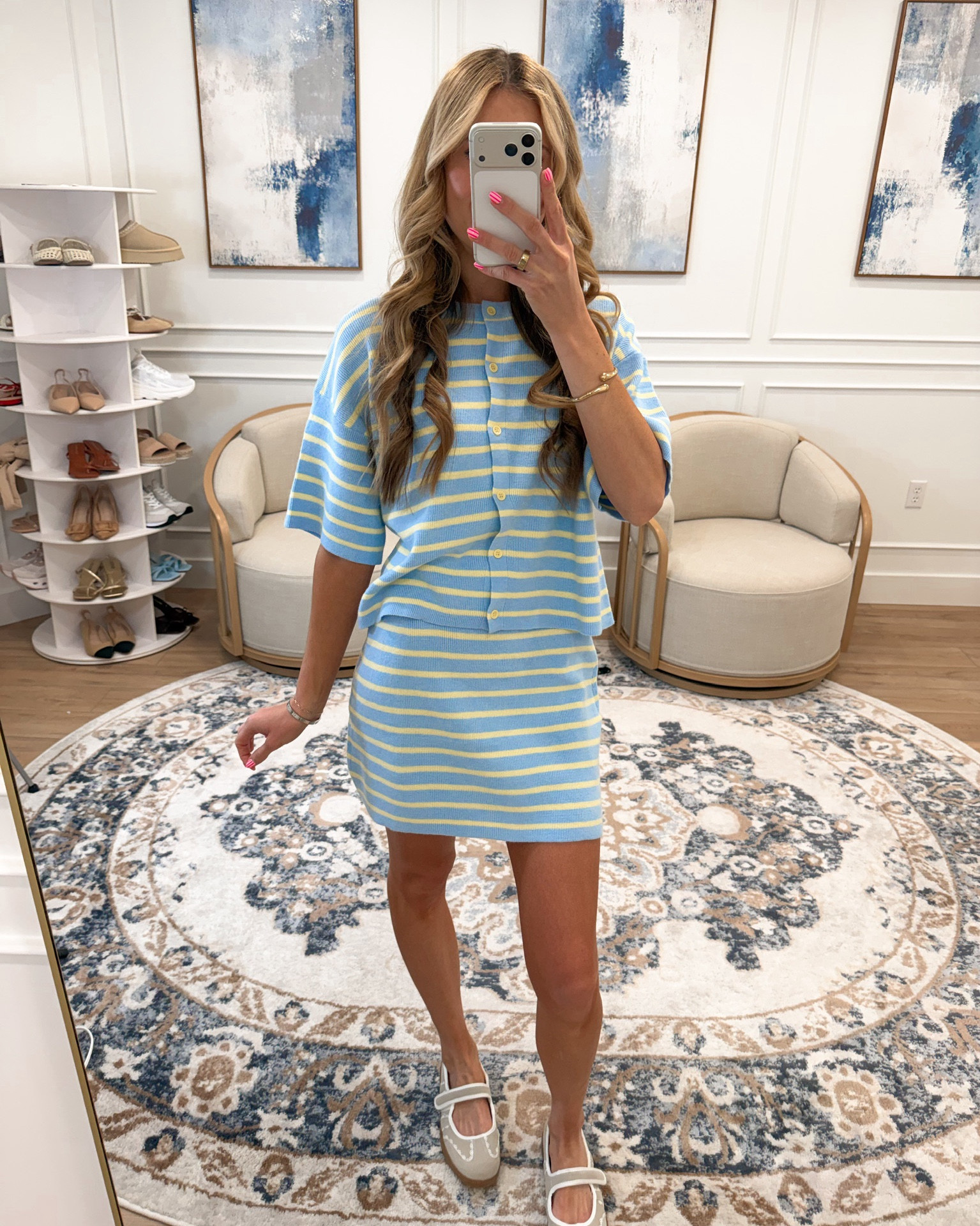 Amazon finds that are so good right now — this blue and yellow stripe knit set is the most cheerful effortless spring outfit 💛🩵 Ribbed button front top and matching mini skirt in the sweetest color combination — fresh, feminine, and looks way more expensive than it is. Styled with grey Mary Jane flats to keep it simple and clean.

#LTKSeasonal #LTKootd #LTKgrwm