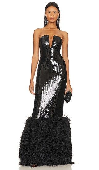 Sequin And Feather Gown in Black | Revolve Clothing (Global)