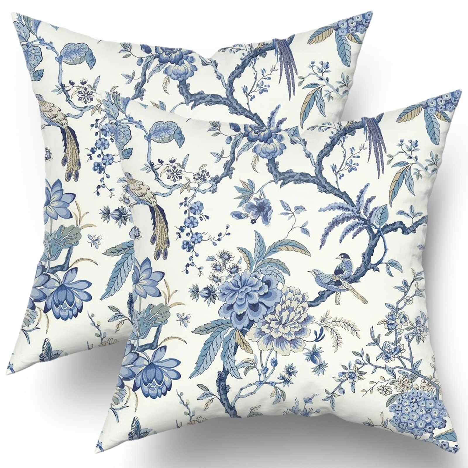 Chinoiserie Pillow Covers Set of 2 Blue and White Outdoor Pillows Bule Birds Flowers Throw 18x18 ... | Amazon (US)