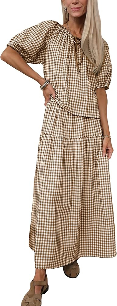 Qiaomai Womens 2 Piece Gingham Sets Puff Sleeve Plaid Top Tiered Maxi Skirt Matching Outfit Casua... | Amazon (US)