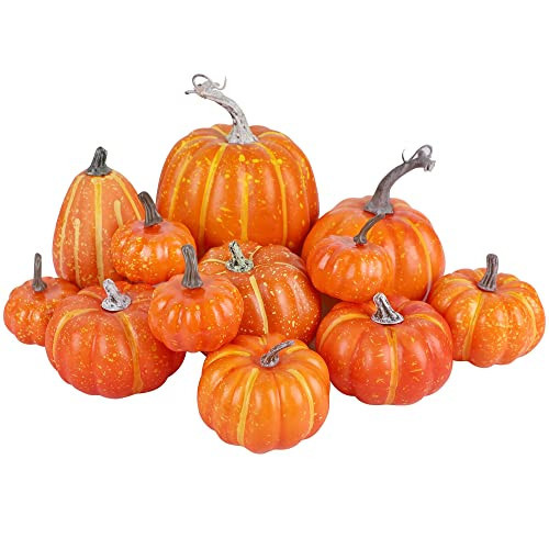 winemana 12 Pcs Orange Pumpkins Halloween Decor Indoor Artificial Pumpkins Fall Decor, Thanksgiving Decorations Harvest Autumn Decor, Fall Decorations for Home Kitchen Table Mantle Wedding Party | Amazon (US)