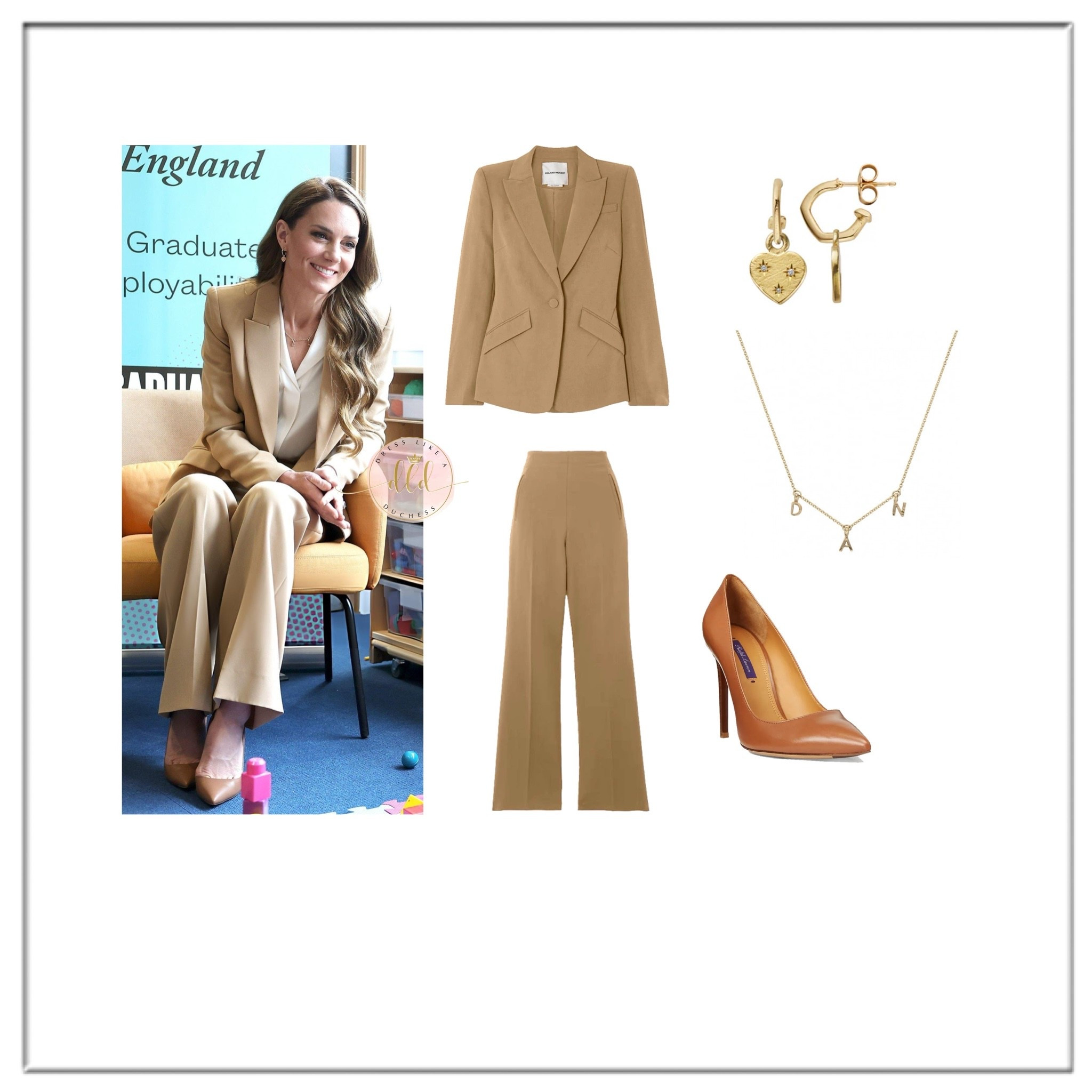 5/6/26 Kate Middleton at the University of East London wearing a Roland Mouret camel trouser suit + Daniella Draper accessories (not linkable)
Photo - Andrew Parsons