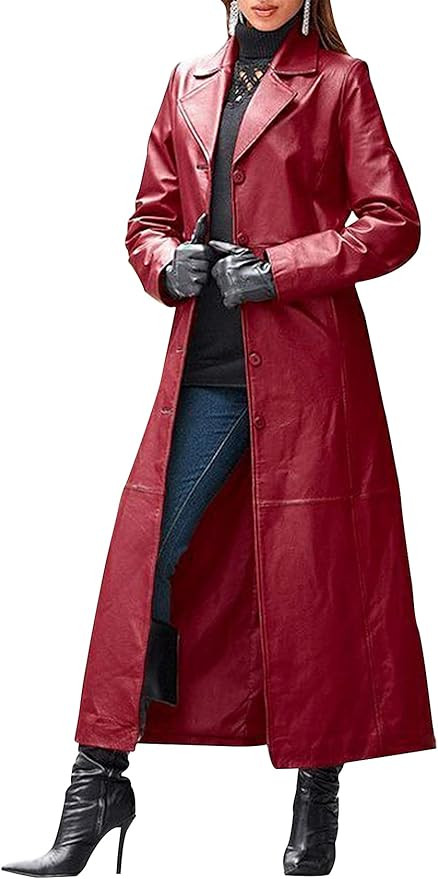 Gihuo Women' s PU Faux Leather Jacket Maxi Long Lapel Coat Outwear | Amazon (US)