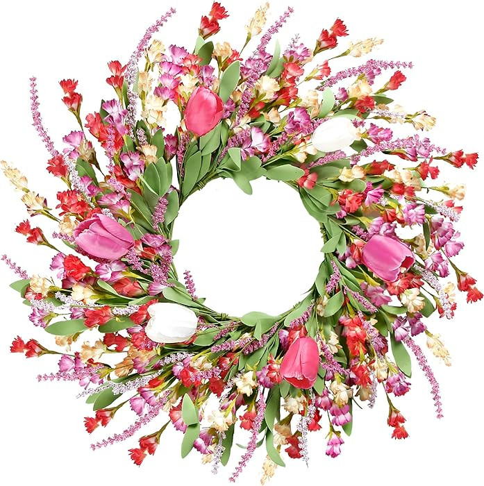 Sggvecsy Spring Summer Wreath for Front Door 22 Inch Artificial Colorful Flower Wreath with Color... | Amazon (US)