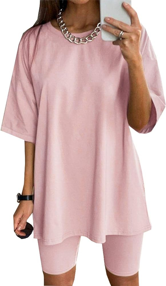 Glamaker Women 2 Piece Outfit sets Casual Oversized T-Shirt Tops Biker Shorts Workout Sports Trac... | Amazon (US)