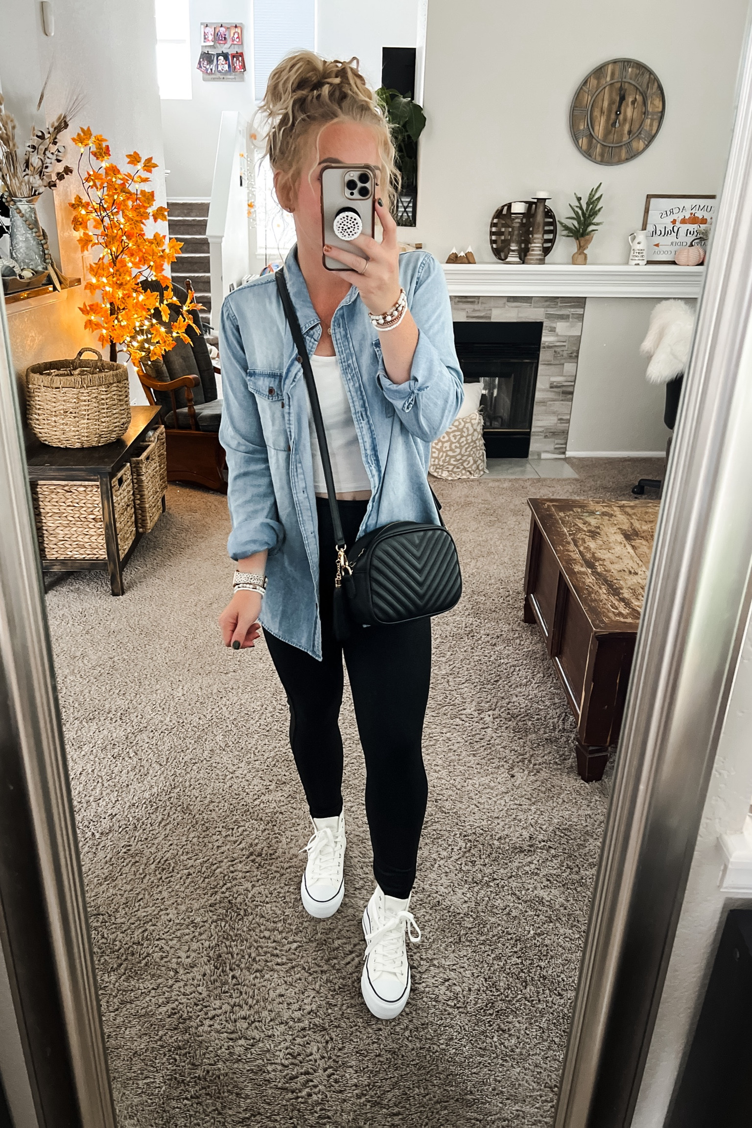 Chambray button down shirt with a white crop tank top, faux leather leggings, black crossbody bag, and high top sneakers. 

//Fall outfits 2024, fall fashion finds, fall favorites amazon,converse outfit, petite amazon fashion, casual mom outfit ideas, fall outfit amazon, amazon outfit ideas, casual outfit ideas, outfit inspo, casual fashion, amazon fall fashion, amazon casual outfit fall, cute casual outfit, outfit ideas fall, amazon shoes, amazon bag, purse, size 4-6, casual fall outfits, casual outfit ideas everyday, fall tops, fall fashion, fall bags, autumn outfit, #falloutfit 

#LTKShoeCrush #LTKFindsUnder50 #LTKStyleTip