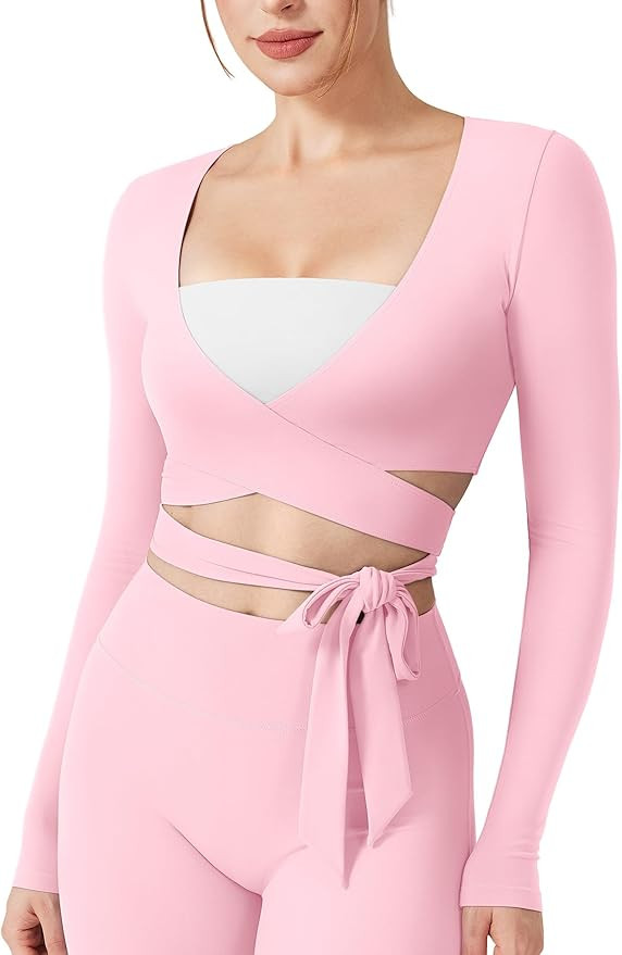 YEOREO Wrap Long Sleeve Cropped Top for Women Workout Pilates Ballet Tie Shirt for Dance Yoga Act... | Amazon (US)