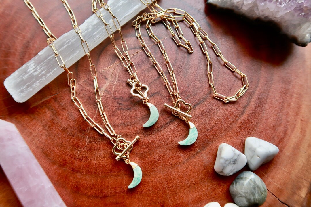 Paper Clip Chain, Amazonite, Moon Crystal Necklace, Paperclip chain necklace, 18K gold plated | Etsy (US)
