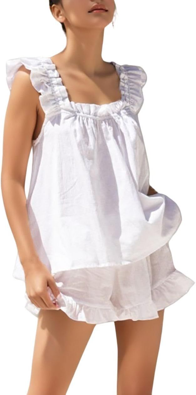 Xfileen Womens Summer 2 Piece Set Fashion Ruffle Trim Cami and Casual Shorts Set Cotton Pajama Se... | Amazon (US)