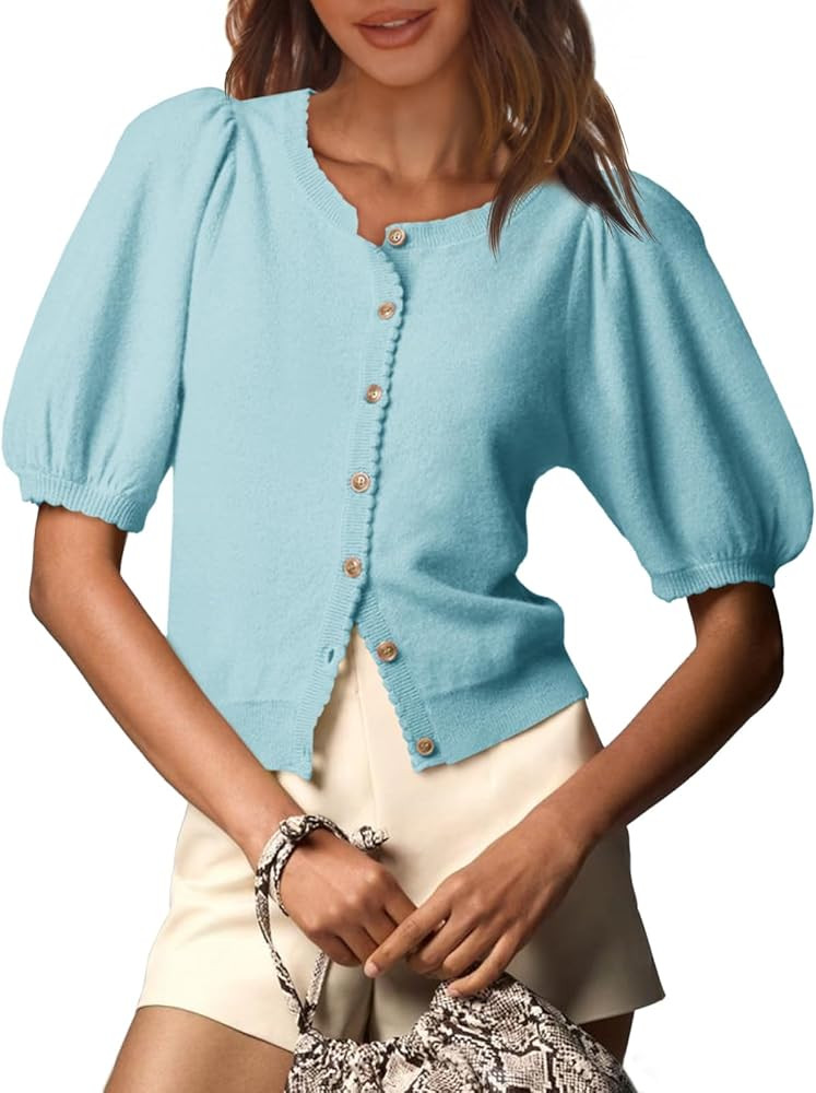 Saodimallsu Womens Puff Short Sleeve Cardigan Lightweight Summer Button Down Shirts Knit Crew Nec... | Amazon (US)