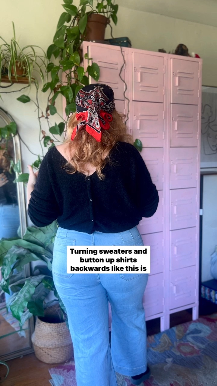 Turning button up sweaters and button up shirts backwards, and having the buns on my back is one of my favorite ways of spicing up a piece that I like to wear a lot and just making it feel like an entirely new piece. I have my hair down today, but this is an especially cute look if you put your hair up in a ponytail with a big bow or a scarf to all tie it together and you get to really have this cool back moment. This is also a fun moment like take a really long necklace, but also wear that backwards. I have this. This is a sweater the very cardigan I have in black and red and also blue cause I'm obsessed with this style. I am wearing my Anthropologie  jeans and the Colette style I talked about this yesterday. I have these in so many colors and cuts because these are the best jeans for curvy women. Hands-down, I will die on this hill. I paired it with a black belt and a head scarf along with some gold jewelry and rocks box rings that I just picked up here in San Francisco. It's just a cozy work from home outfit try the sweater hat next time you wanna spice something up in your wardrobe. #sezane #sezanelovers #anthro #curvy #rocksbox #goldjewelry #headscarf #boho #jeans #curvystyle #size14 #midsize #plussize 

#LTKMidsize #LTKPlusSize #LTKStyleTip