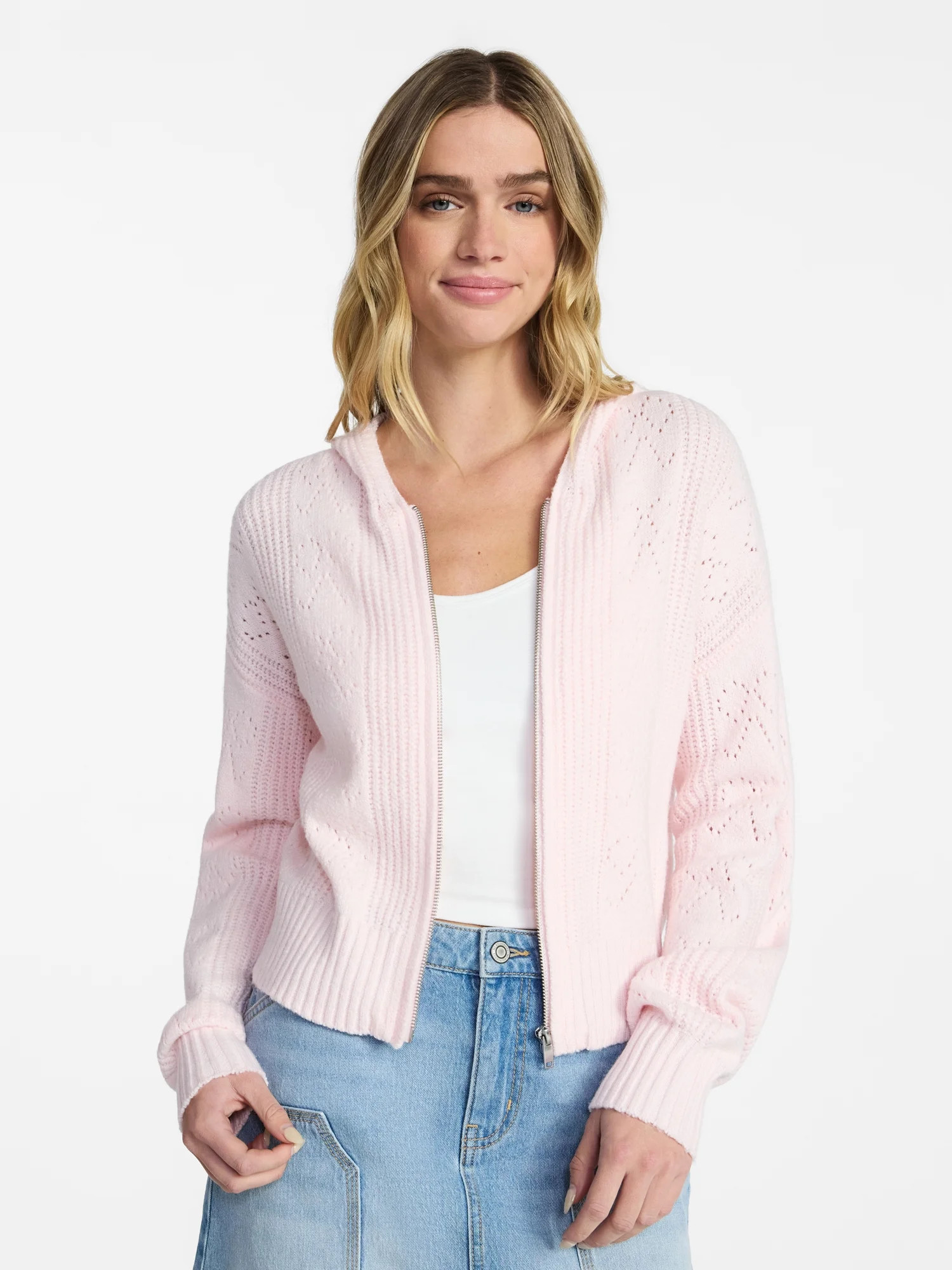 No Boundaries Bow Pointelle Knit Hooded Cardigan, Women’s XXS-XXL | Walmart (US)