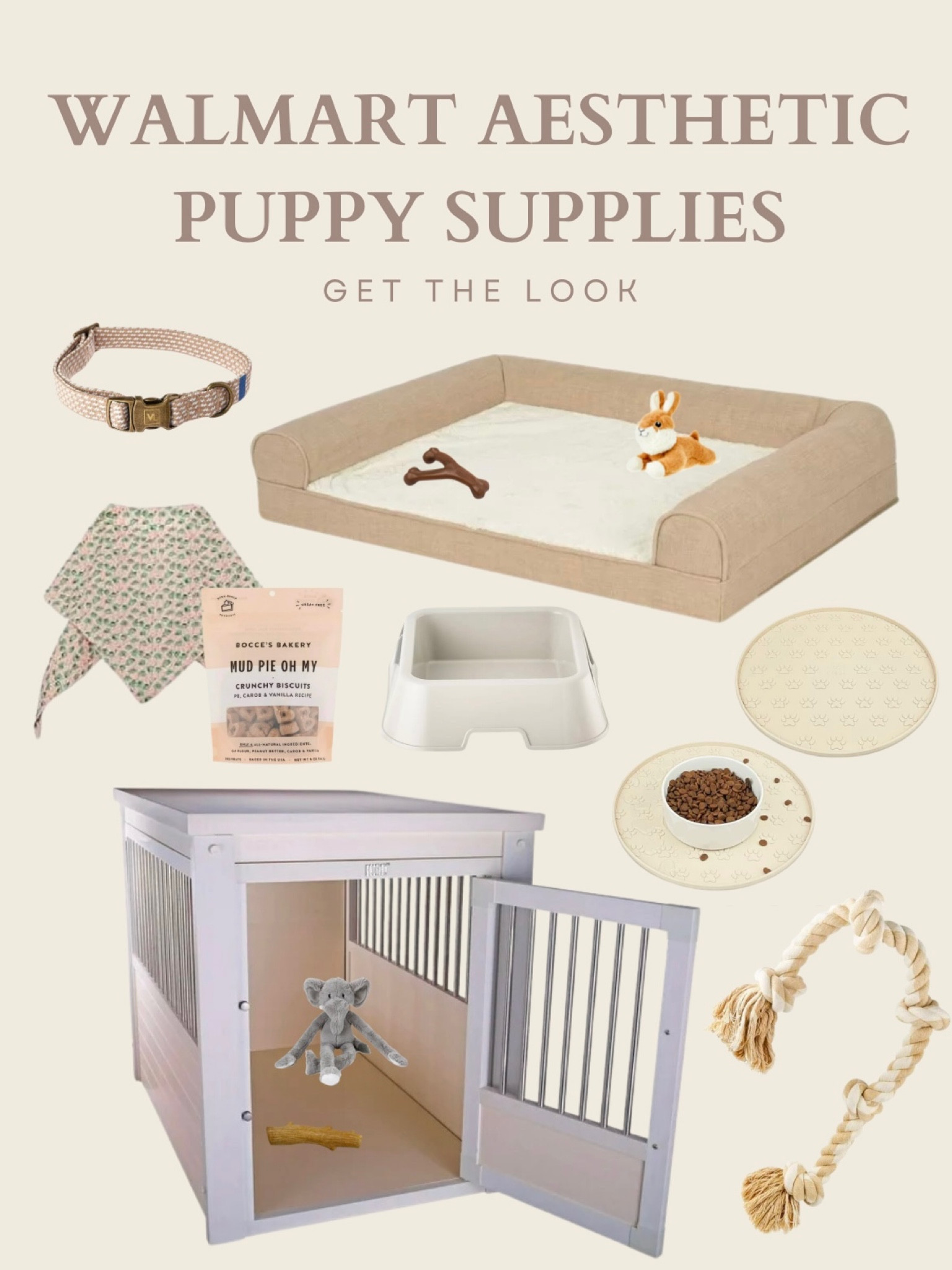 Aesthetic puppy supplies from Walmart to match your home, dog, dog bed, dog crate, dog toys, waterproof dog mat, spring dog bandanas, Bocce’s Bakery dog treats, beige dog collar, modern, neutral

#LTKfindsunder100 #LTKfindsunder50