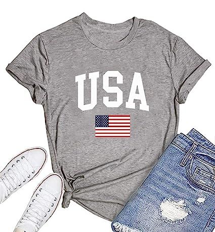 MOMOER USA Letter Print Tee Shirt Women American Flag July 4th Short Sleeve Tops Tshirt | Amazon (US)
