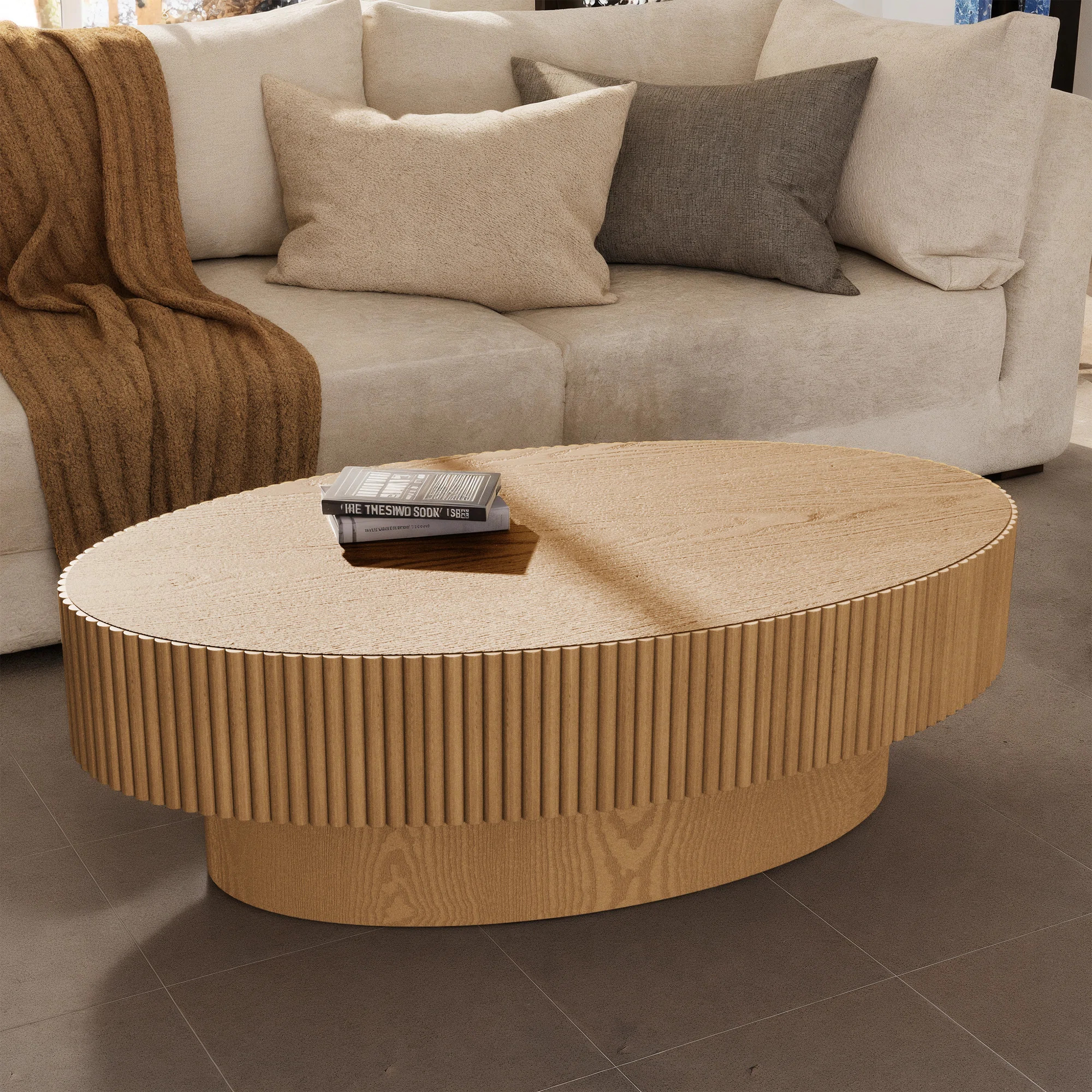 Ivy Bronx Alethia 44'' Handcrafted Oval Coffee Table – Fluted Solid Wood Design in Red Oak & Wh... | Wayfair North America