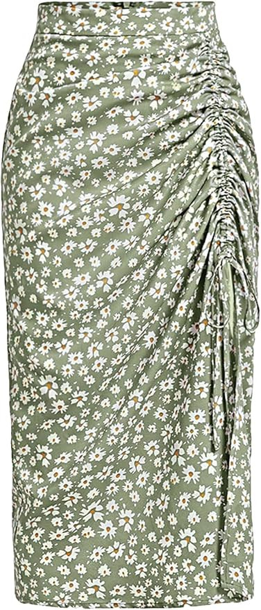 MakeMeChic Women's Ditsy Floral Midi Skirt High Waist Split Thigh Drawstring Ruched Boho Skirt | Amazon (US)