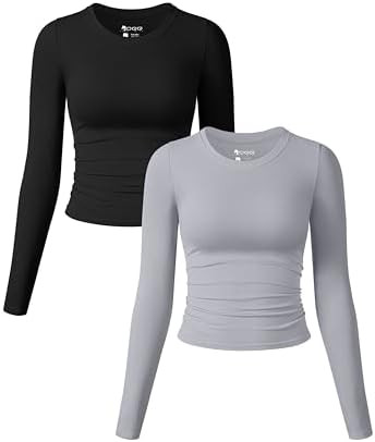 OQQ Womens 2 Piece Shirts Long Sleeve Crew Neck Ruched Stretch Basic Fitted Tee Shirts Tops | Amazon (US)