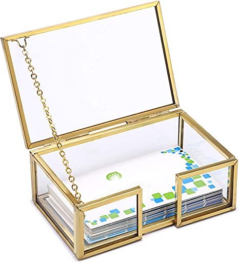 Hipiwe Glass Business Card Holder Box with Lid - Desktop Name Card Display Box Organizer Gold Met... | Amazon (US)