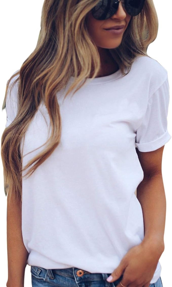 LOVFEE Women's Basic Cotton Crewneck O-Neck Short Sleeve Loose Casual T-Shirts | Amazon (US)