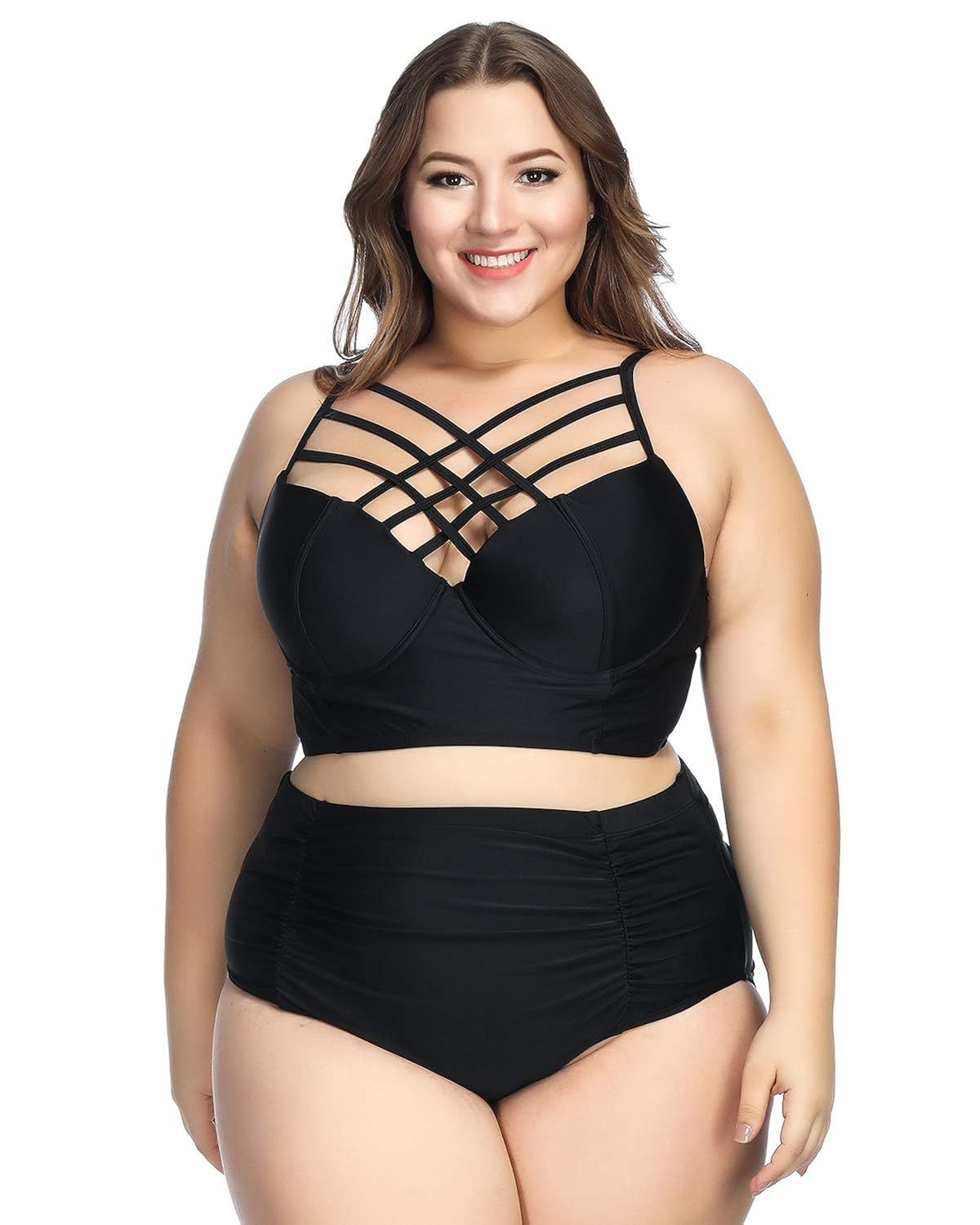 X-HERR Women Sexy Plus Size Strappy High Waisted Bikini Swimsuits Underwire 2 Pieces Bathing Suits | Amazon (US)
