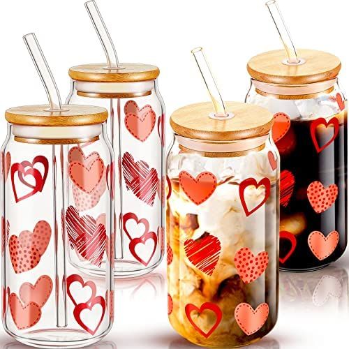 4 Pcs Valentine's Day Ice Coffee Cup with Bamboo Lids and Glass Straw, 16oz Beer Can Glasses, Dri... | Amazon (US)