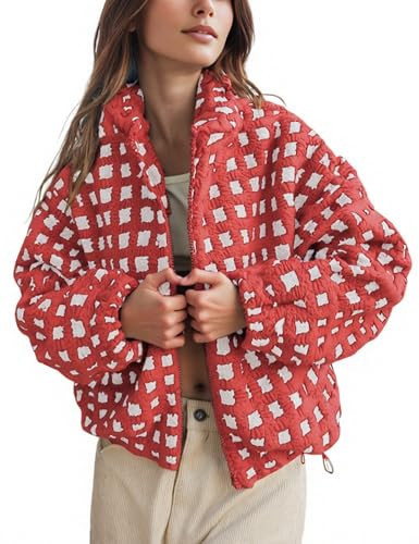 Lianlive Women Winter Sherpa Fleece Jacket Long Sleeve Zip Up Checkered Fuzzy Cropped Coats Warm Outwear with Pockets (Red-S) | Amazon (US)