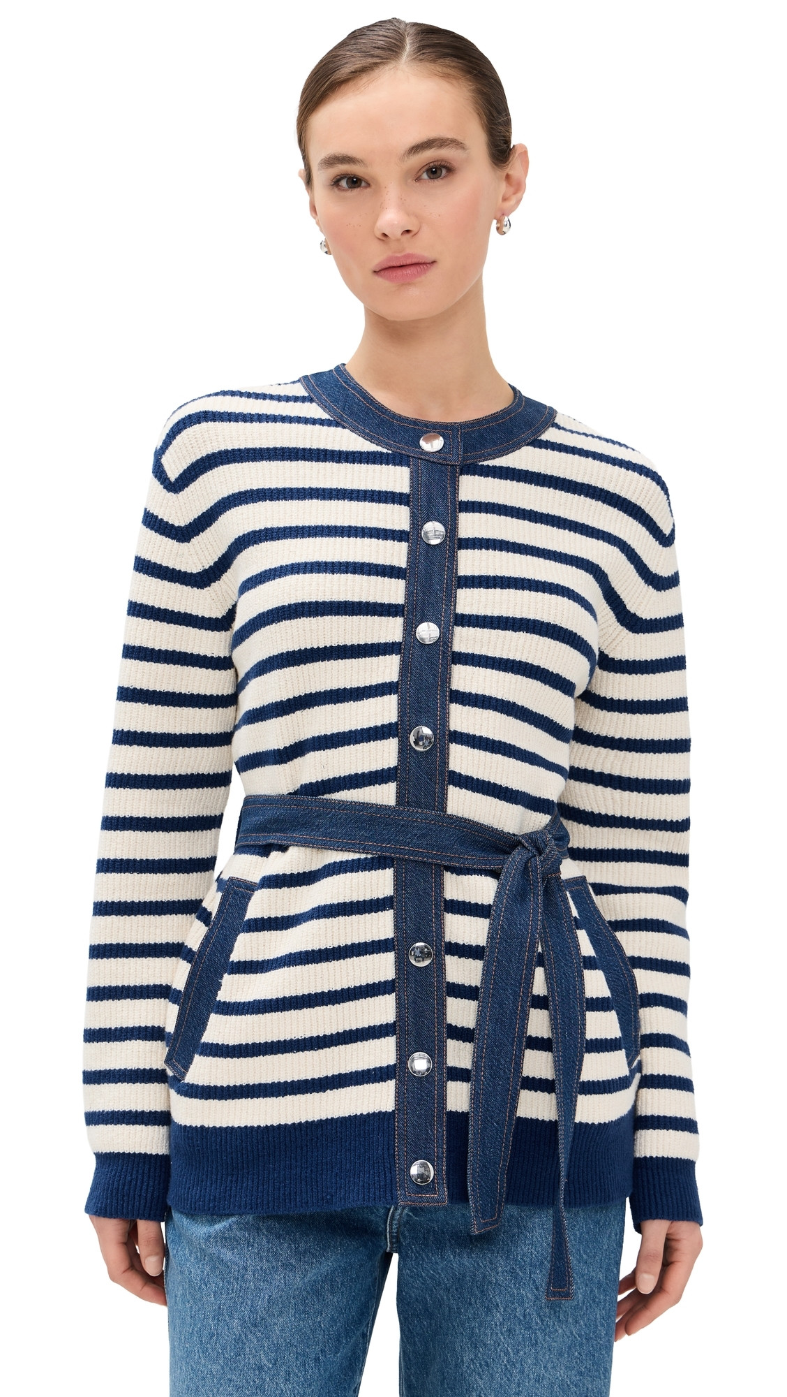 Tanya Taylor Delia Cardigan Cream/French Blue L | Shopbop