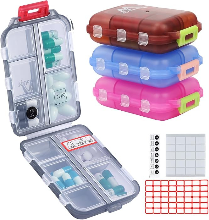 4PS Travel Pill Organizer with 164 Slice Labels，10 Compartments Travel Pill Box Portable Foldin... | Amazon (US)
