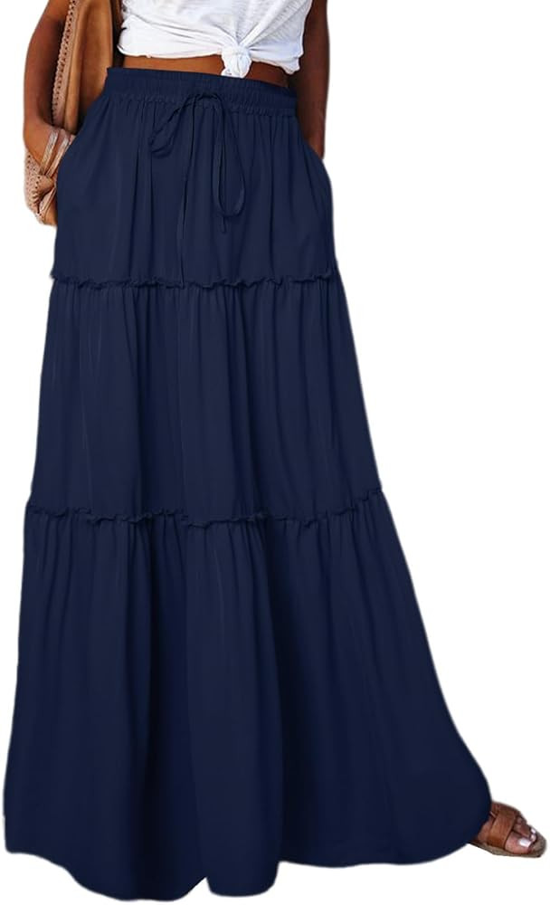 Happy Sailed Womens Floral Print Boho Maxi Skirt Elastic High Waist Pleated Ruffle Flowy Long Ski... | Amazon (US)