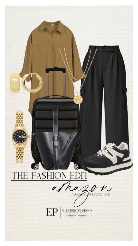 Shirt
Trouser pants
Purse
Suitcase
Watch
Earrings
Tennis shoes  

#LTKstyletip