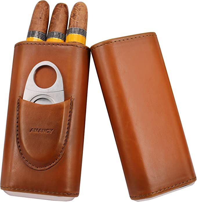 AMANCY Top Quality 3- Finger Brown Leather Cigar Case, Cedar Wood Lined Cigar Humidor with Silver... | Amazon (US)