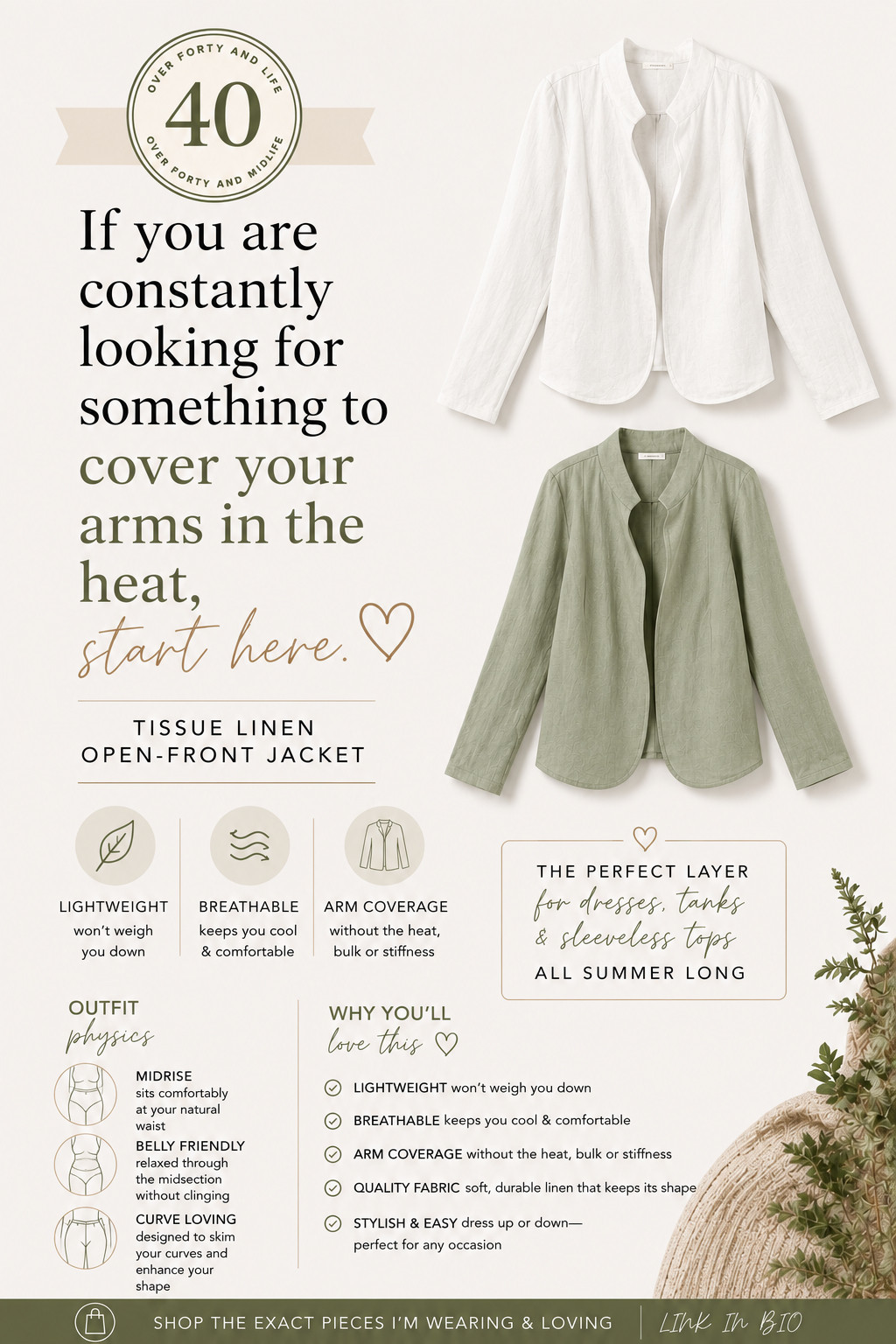  ✨Tap the bell, save and ❤️ for over 40 fashion, midlife style, midsize fashion and luxury looks for less. 

(size down if in between sizes.)

🤍 If summer has you choosing between staying cool and feeling confident, this is the layer I want you to see.

For years, I thought my only options were:

• Wear the tank and feel exposed.
• Wear the cardigan and overheat.

Then I found this Tissue Linen Open-Front Jacket.

Lightweight.
Breathable.
Easy to throw over dresses, tanks, and sleeveless tops.

It gives the arm coverage so many of us want without the bulk, stiffness, or heat of a traditional jacket.

This is one of those pieces that quietly makes getting dressed easier.

✨ Outfit Physics™
✔️ Creates vertical lines
✔️ Adds light structure
✔️ Balances proportions
✔️ Covers without hiding

If you're constantly looking for something to cover your arms in the heat, start here.

👑 Helping you look good, feel good! — Lindsey Denver 🤍 

Check back daily for belly-friendly style, confidence, and Outfit Physics. 

#Over40Style #Over50Style #MidlifeStyle #MidsizeFashion #BellyFriendlyFashion #SummerStyle #SummerLayering #GenXStyle #OutfitPhysics #AffordableFashion #ConfidenceInStyle #FashionOver40 #FashionOver50 #SummerOutfits #MidlifeWomen 

 #LTKOver40 #LTKMidsize #LTKWorkwear