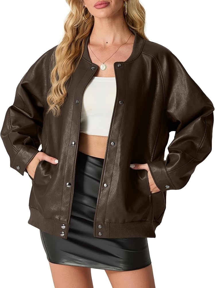 Women's Faux Leather Bomber Jacket Casual Loose Leather Moto Biker Coat Winter Jacket for Women | Amazon (CA)