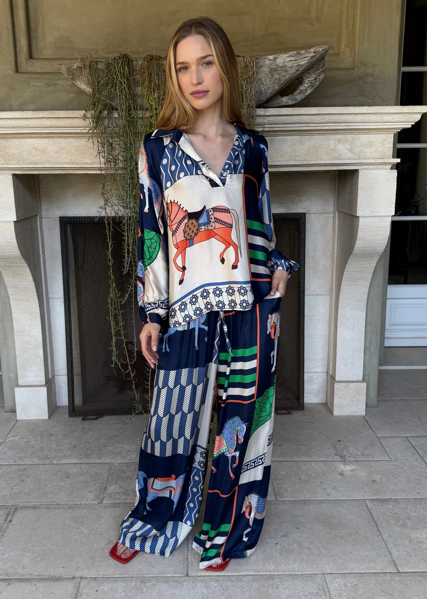 Amara Equestrian Print Silky Pants - Navy | Benaar La