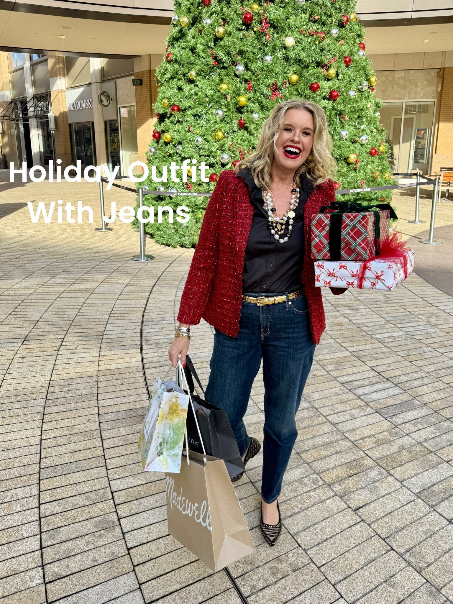 Holiday Outfit Inspo in Jeans🌲

We all have them and we all wear them… creating Holiday Outfit with jeans…

Welcome to my Holiday’s  in Jeans  series… 

Outfit number 1

Chico’s  great wardrobe builders make great Holiday pieces too.

Dark wash girlfriend straight leg jeans, fit tts I am in a 0 (4)

Black no iron button up shirt tts 

Red tweed ladies jacket perfect for the holidays, office, and for dressed up occasions depending on how you style it. Tts in a 0 (4)

Black pointed toe flats with gold studs  fit tts 

Multi strand pearl and gold with black beads and charms statement necklace ( such a Chanel  vibe) 

Gold hoops with small rhinestones detail 

Gold metallic belt (old loft)

The trick to taking your wardrobe basics into the Holidays is your accessories.. 
Make a statement with your accessories . In this case, I used metallic gold with a little bit of pearls to creat a dressed up feel.

Metallics always  make things festive. 

-Choose fabrics that feel dressier,
Tweeds, satins, silks , cashmere and velvets

-Choose Colors that are festive  and feel holiday.
Reds, Greens, jewel tones ,  classic black and this seasons, chocolate brown, burgundy wine, smoky greys, and of course metallics.



