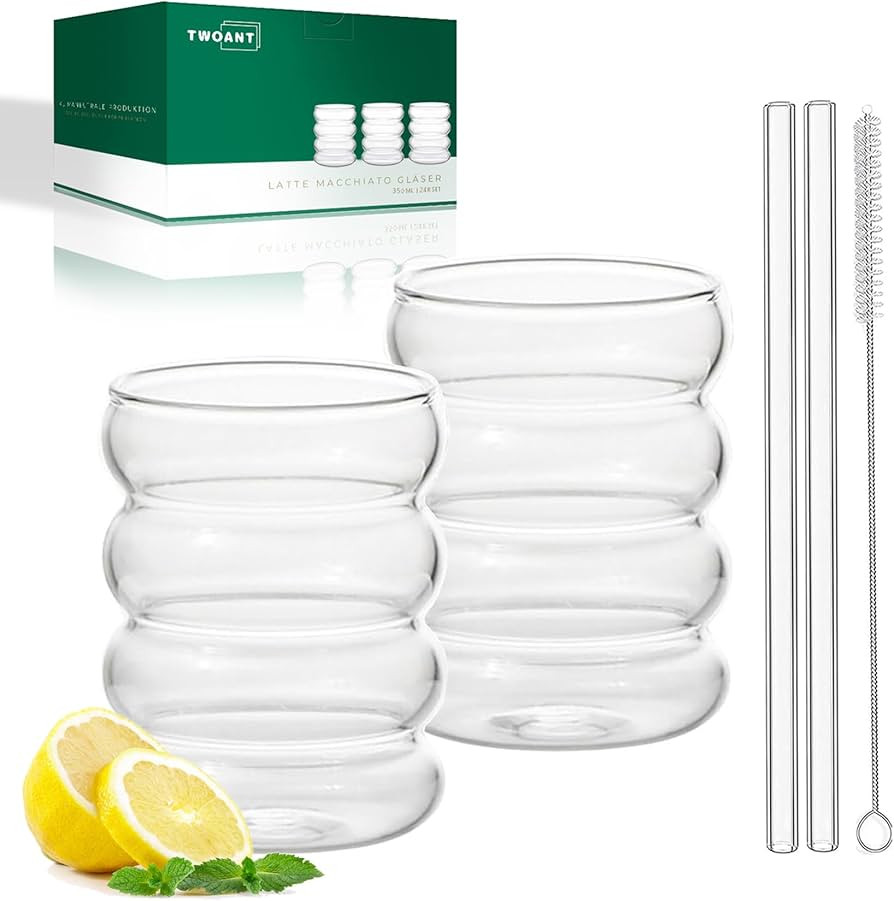 2Pcs Ribbed Drinking Glasses with Glass Straws 13oz Bubble Glassware Set Cocktail Glasses Iced Co... | Amazon (US)
