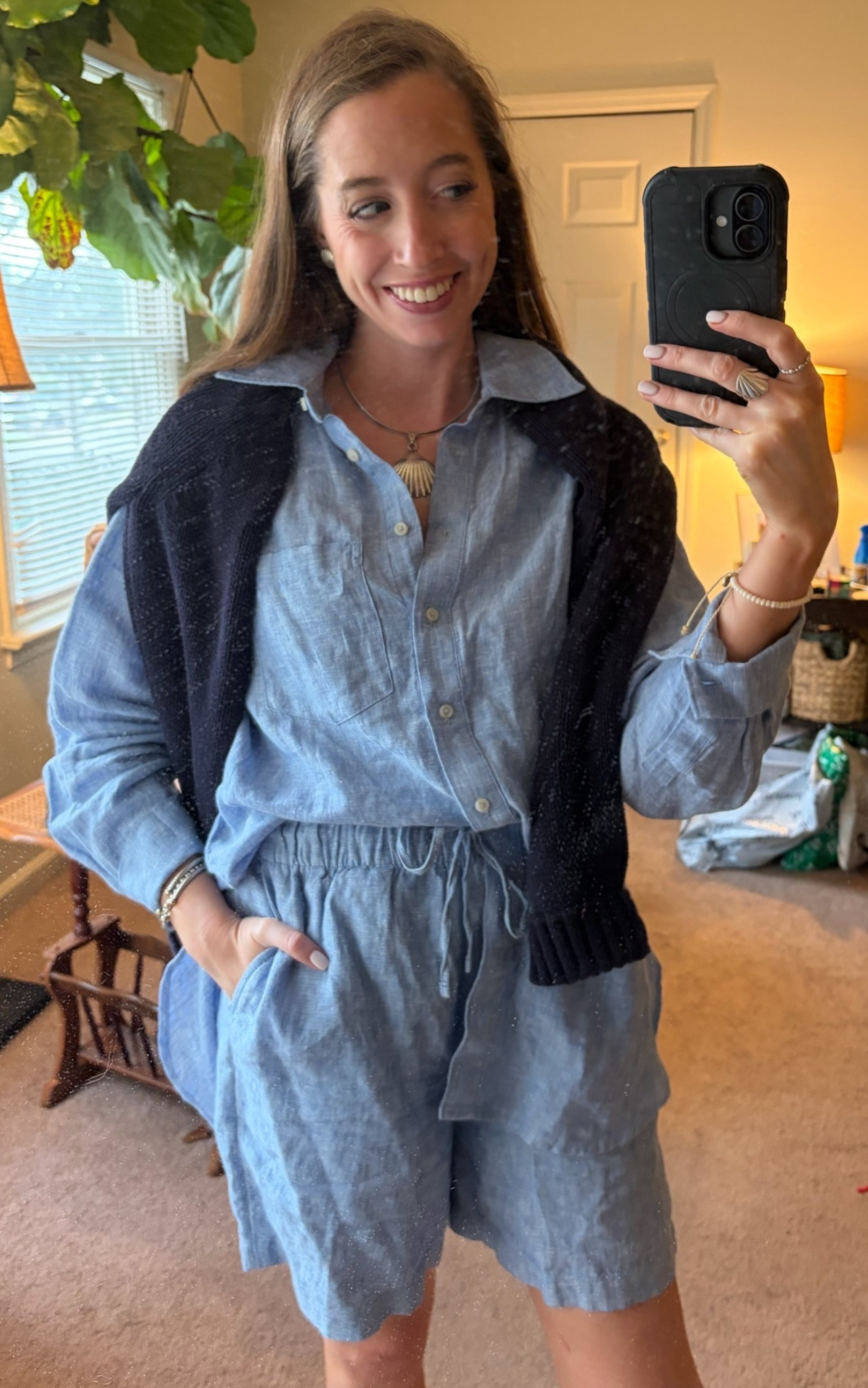 I love this casual linen set! Both pieces are oversized - I sized down to an XS in both. 
Linen shirt 
Linen shorts 
Navy blue sweater 
Summer outfit 
Beach outfit 
Coastal grandmother

#LTKSeasonal