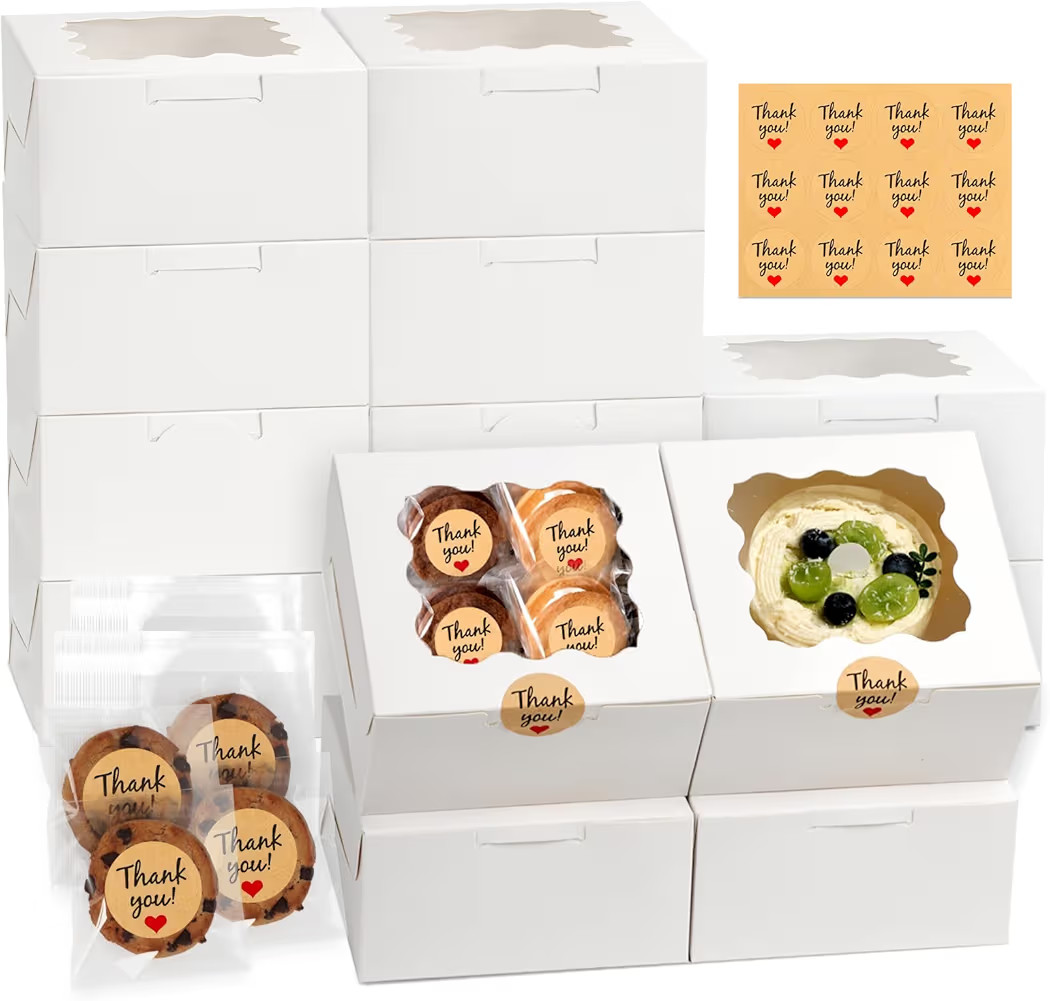 12 Pcs Cookie Boxes with Window, 6x6x3 Inches White Bakery Boxes, Treat Boxes with 50 Pcs Cookie ... | Amazon (US)